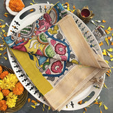 Vriksham Handprinted Elephant Bengaluru Style With Golden Zari Border Pen Kalamkari Saree-VS4799